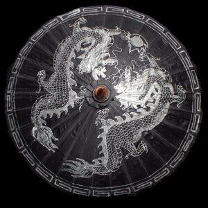 Vintage Chinese Black Paper Parasol With Silver Dragon Design